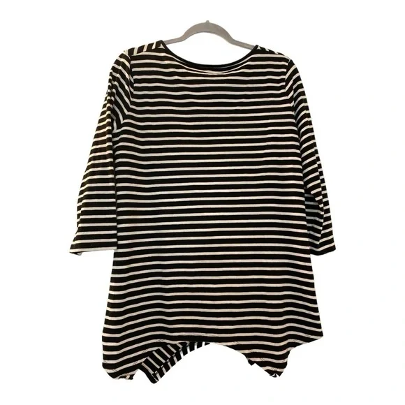 Anne Klein Sport tunic top, cotton, L, black and white stripe, assymetrical. - Picture 2 of 6